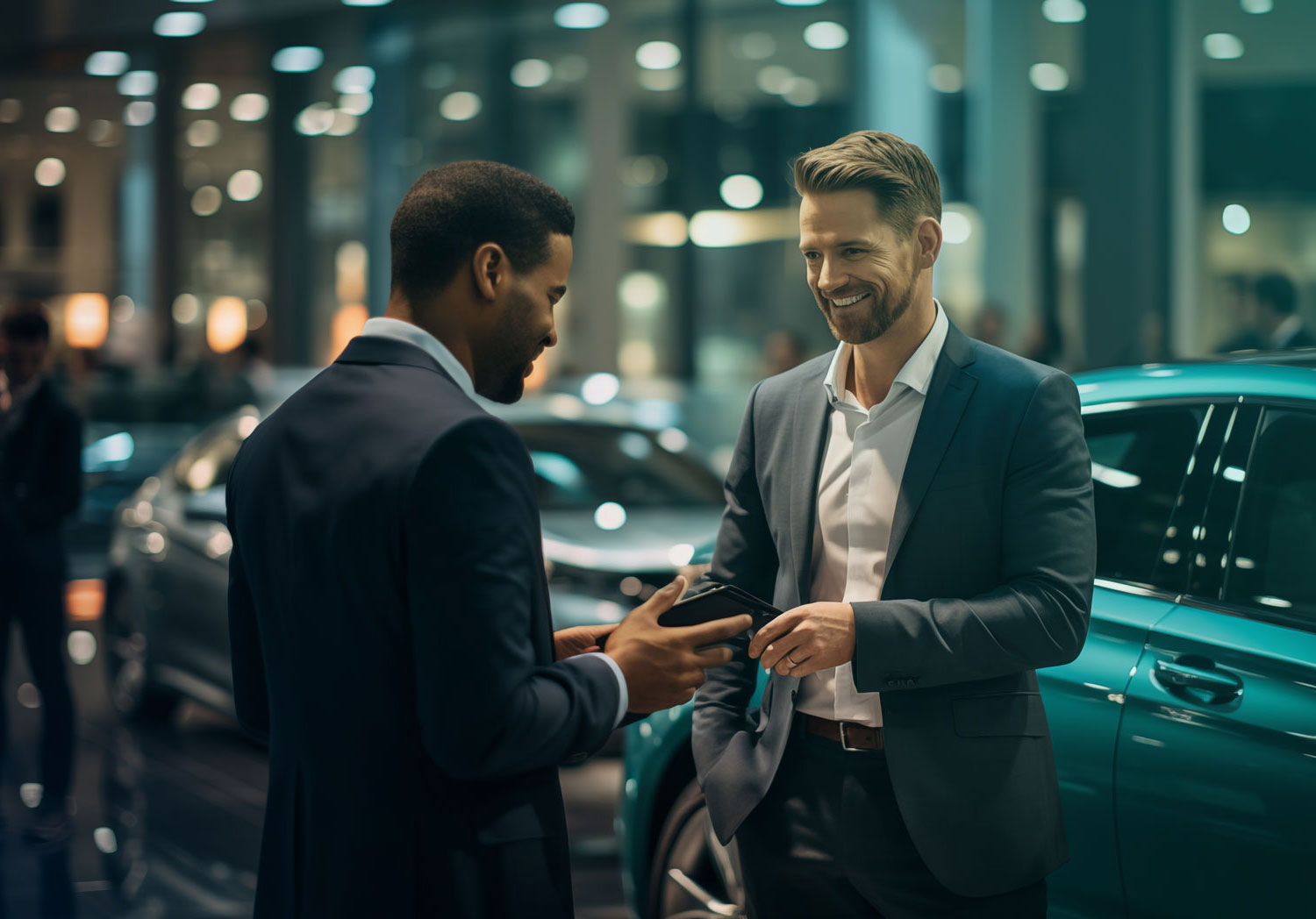 See-It_Manager-at-dealership Sales man and client signing papers