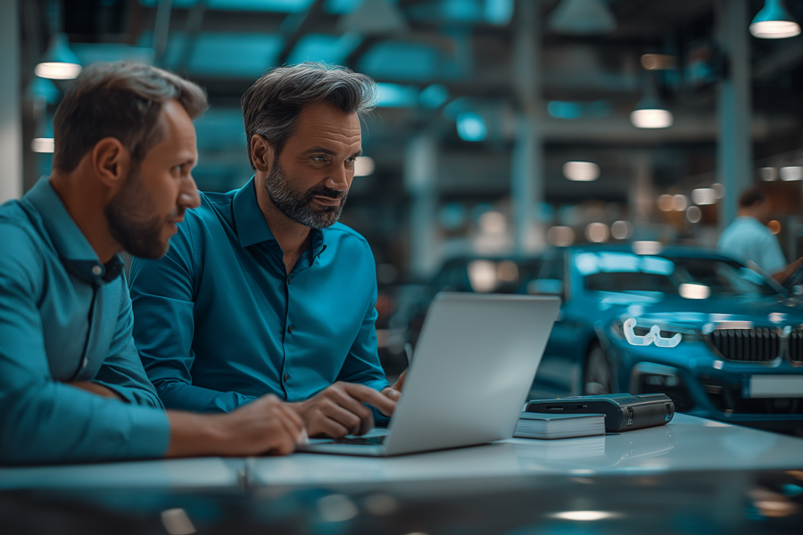 Two sales people looking at a laptop